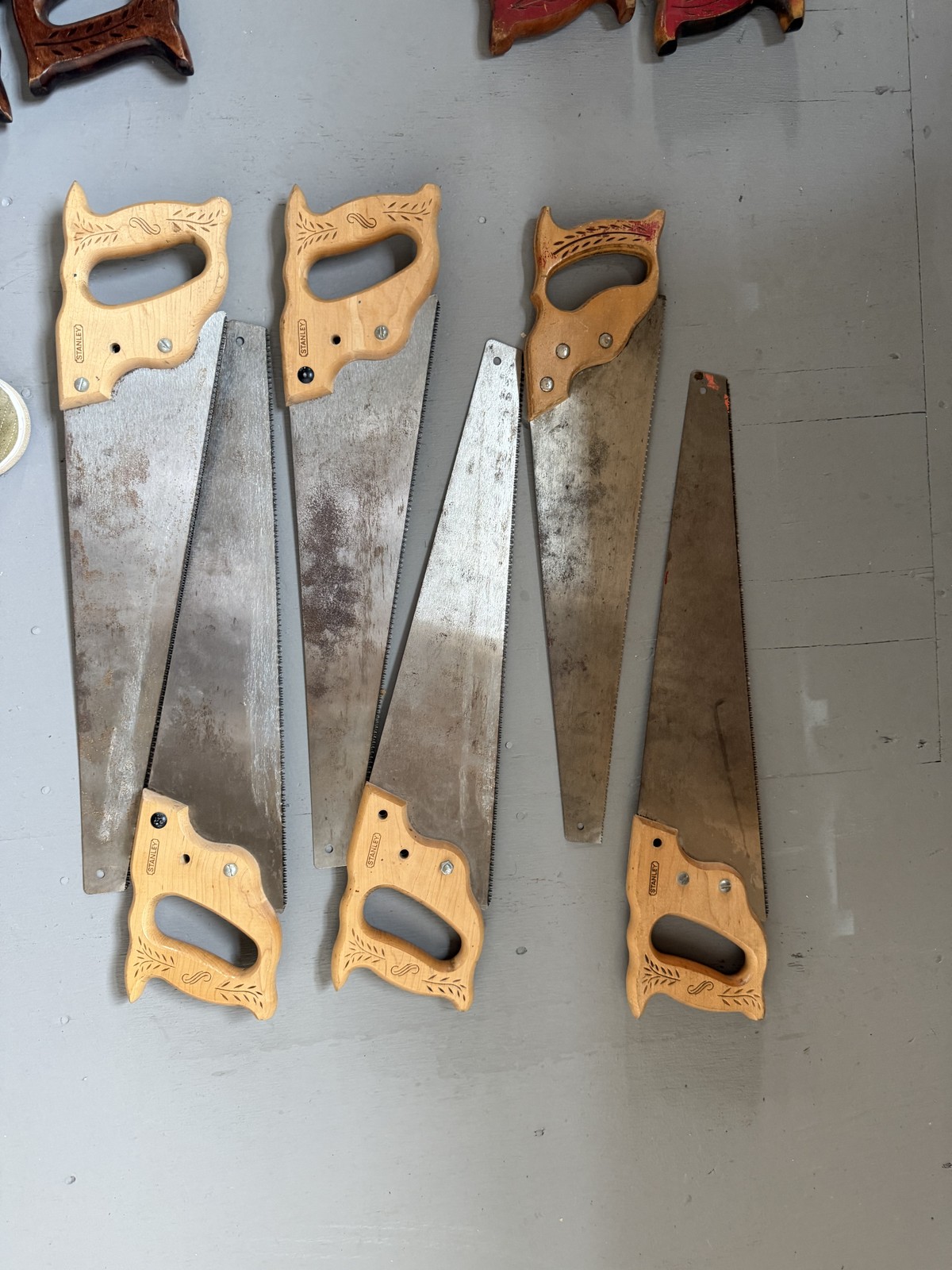 Lot of 6 Hand Saws Stanley Wood Handle Crosscut Rough Cut Carpentry Tools
