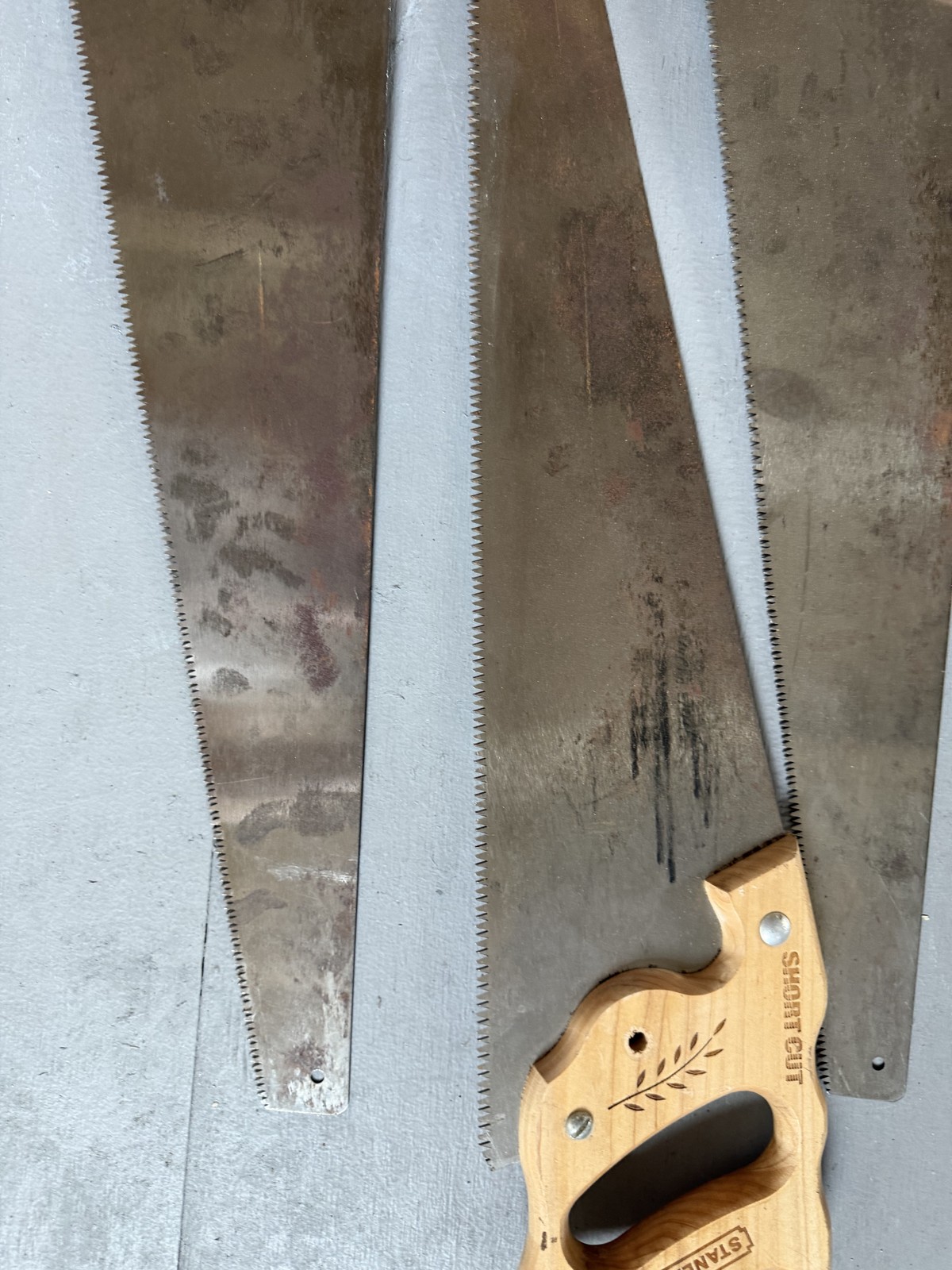 Lot of 4 Stanley SHORT CUT Hand Saws Matching Set Wood Handle Woodworking