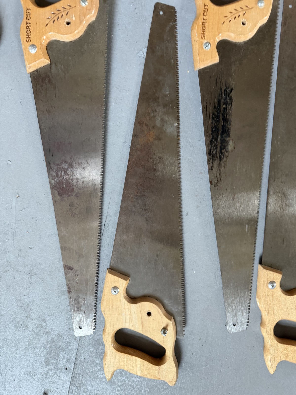 Lot of 4 Stanley SHORT CUT Hand Saws Matching Set Wood Handle Woodworking