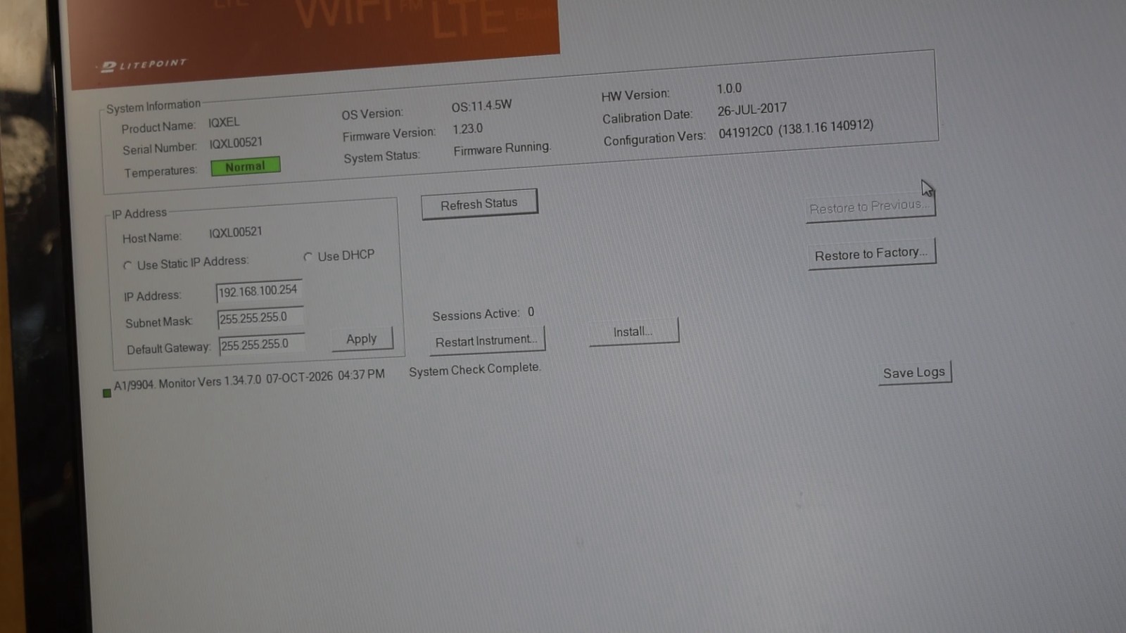 LitePoint IQxel-80 802.11ac WLAN Bluetooth RF Tester, Dual VSA/VSG, Self-Test OK