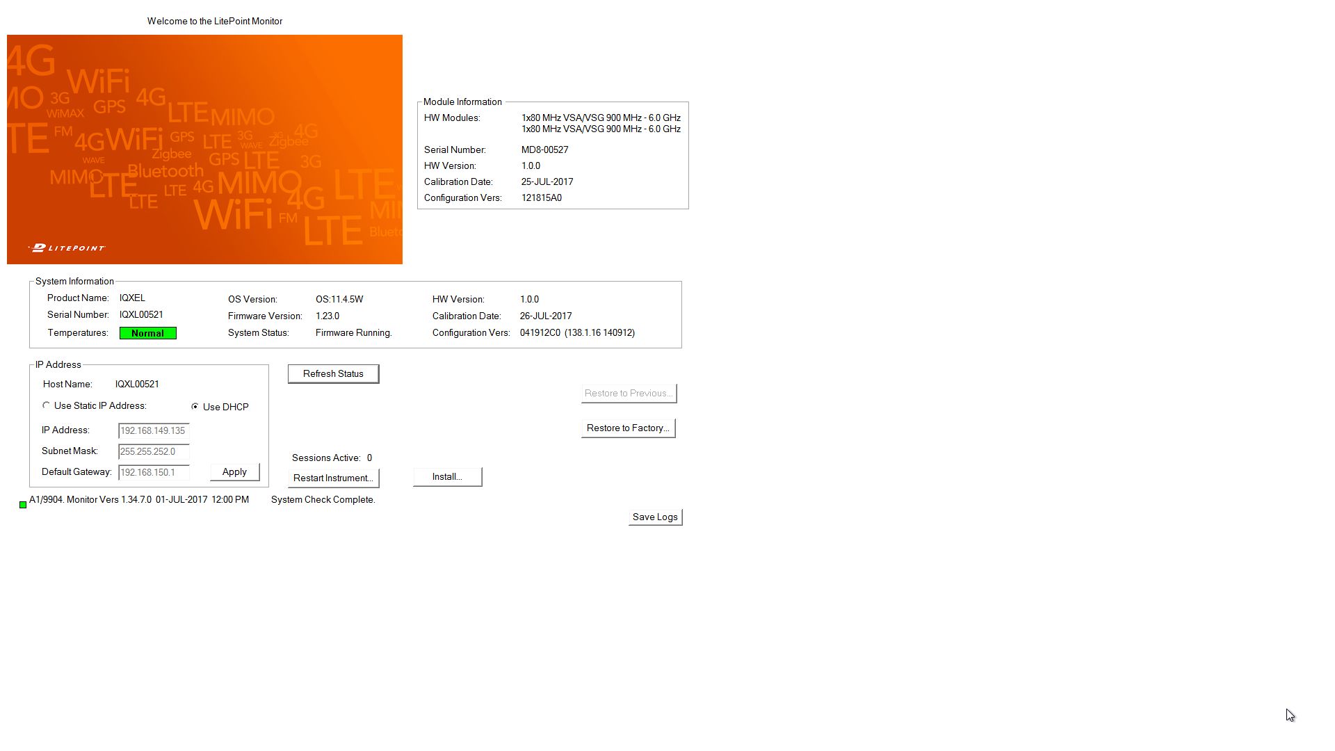 LitePoint IQxel-80 802.11ac WLAN Bluetooth RF Tester, Dual VSA/VSG, Self-Test OK