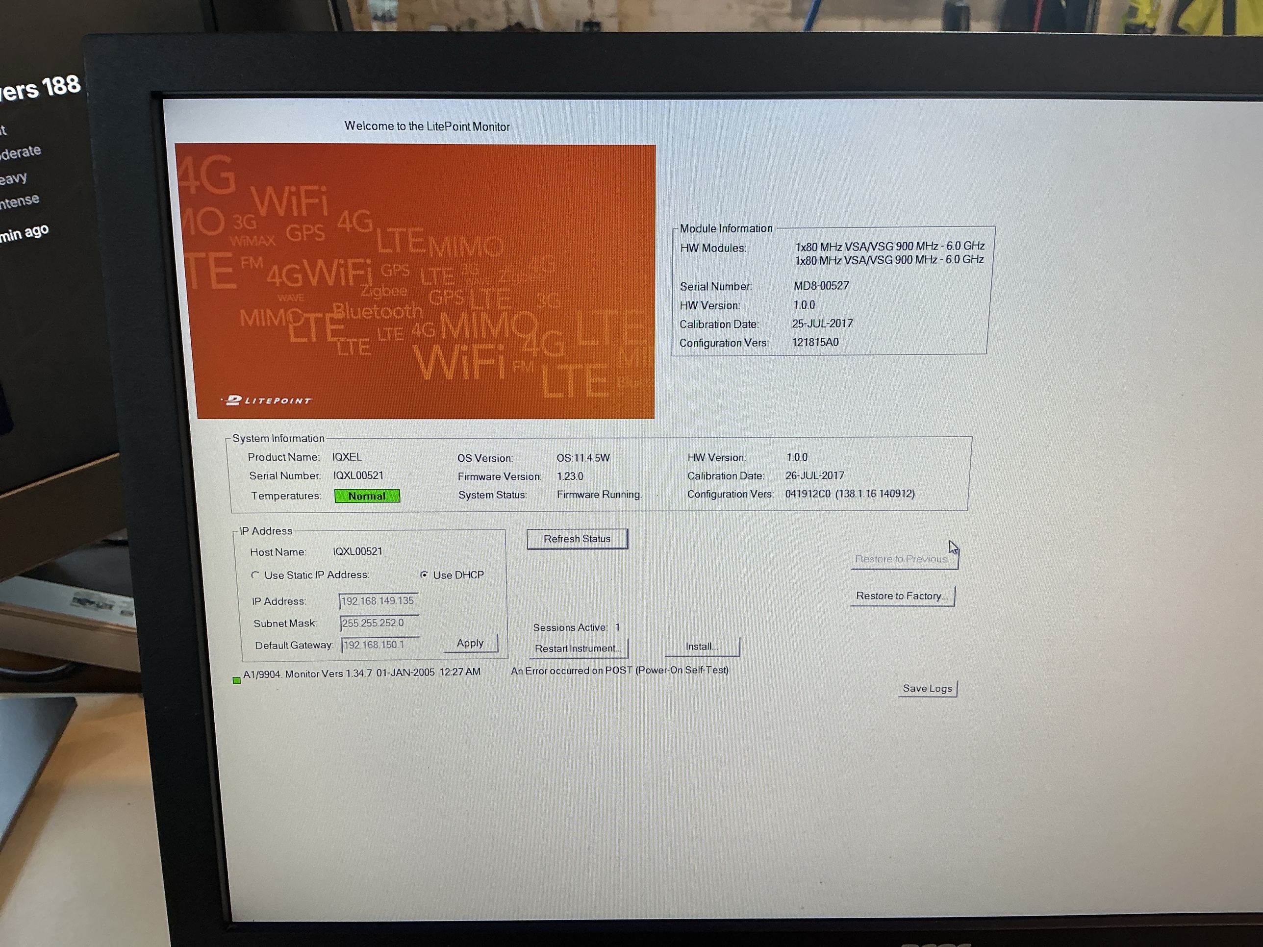 LitePoint IQxel-80 802.11ac WLAN Bluetooth RF Tester, Dual VSA/VSG, Self-Test OK