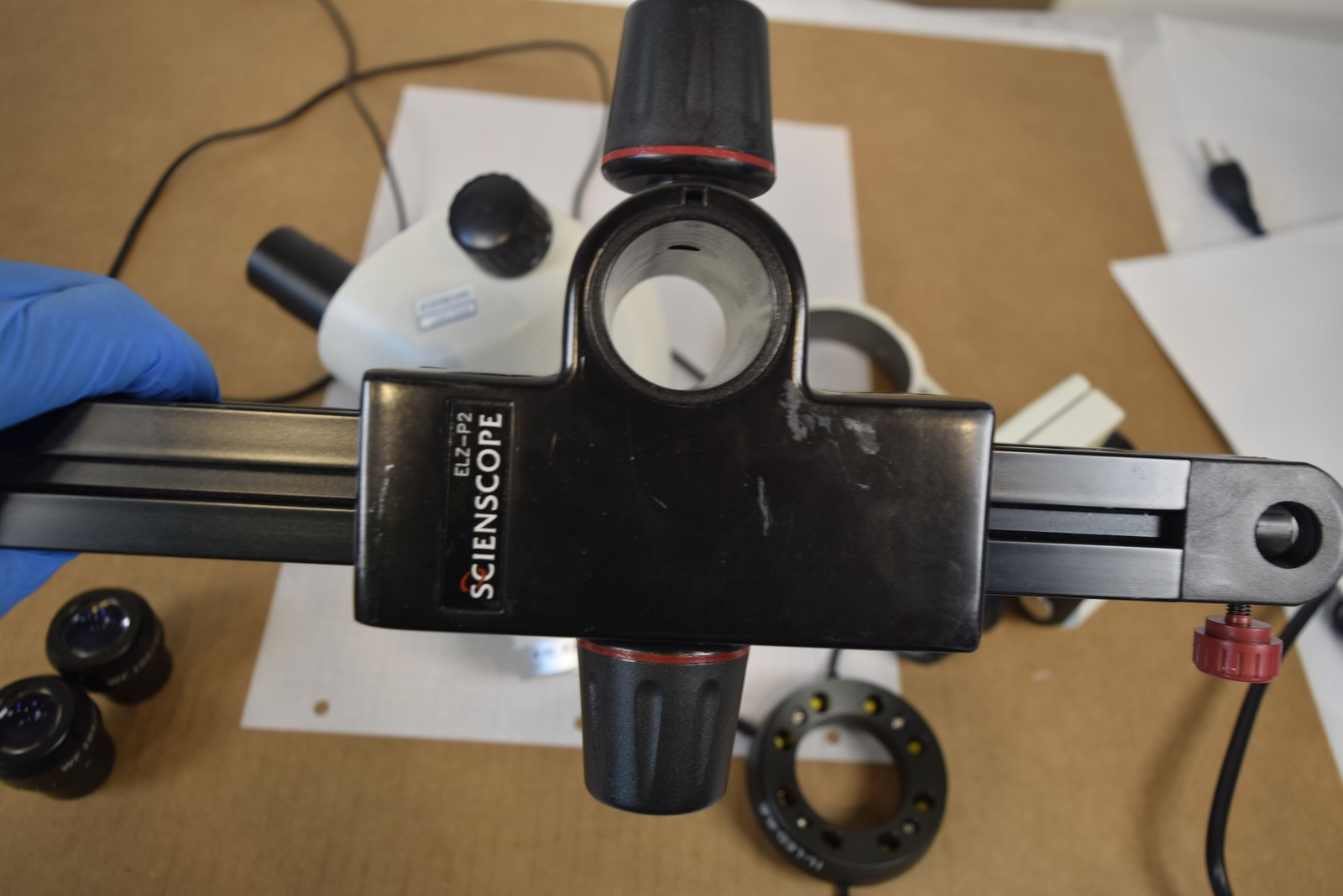 ScienScope Stereo Zoom Microscope Head G-AL 0.5X ELZ-P2 Rail LED Ring - No Stand