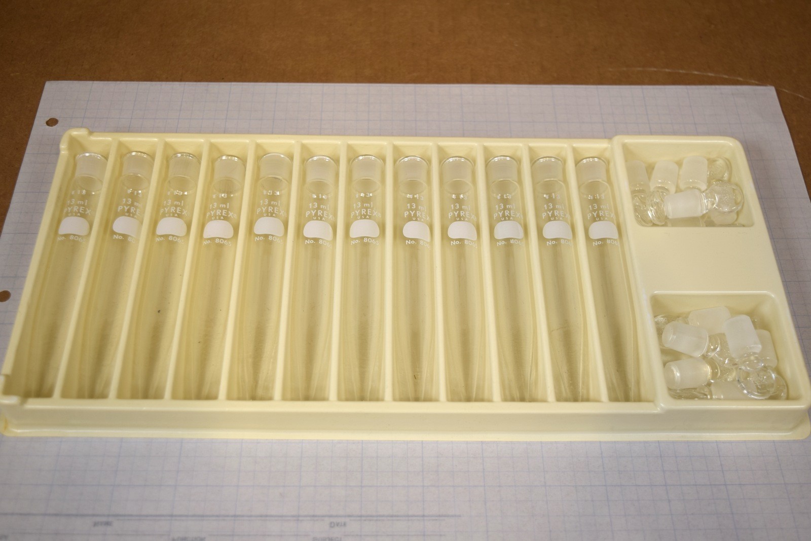 Vintage Corning Pyrex 8065 Centrifuge Tube 13mL COMPLETE 12 Tubes + 12 Stoppers