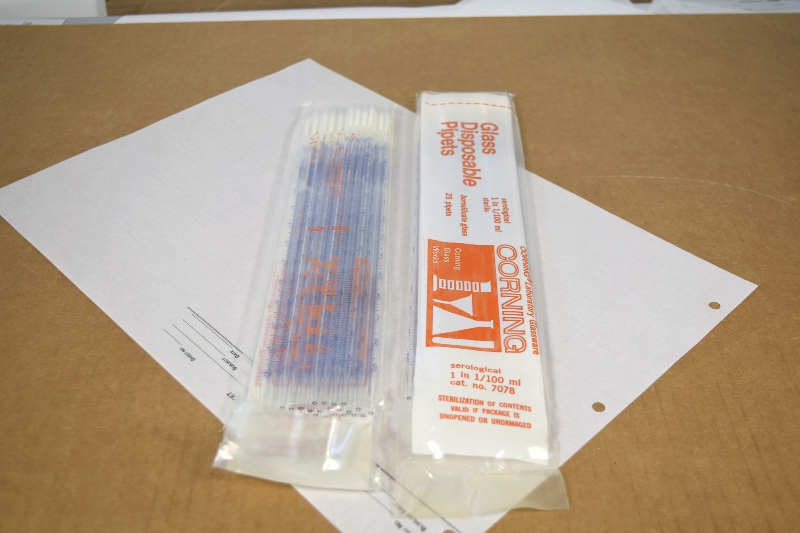 Vintage Corning 7078 Glass Serological Pipets 1mL in 1/100 - 50 pcs, 2 Bags