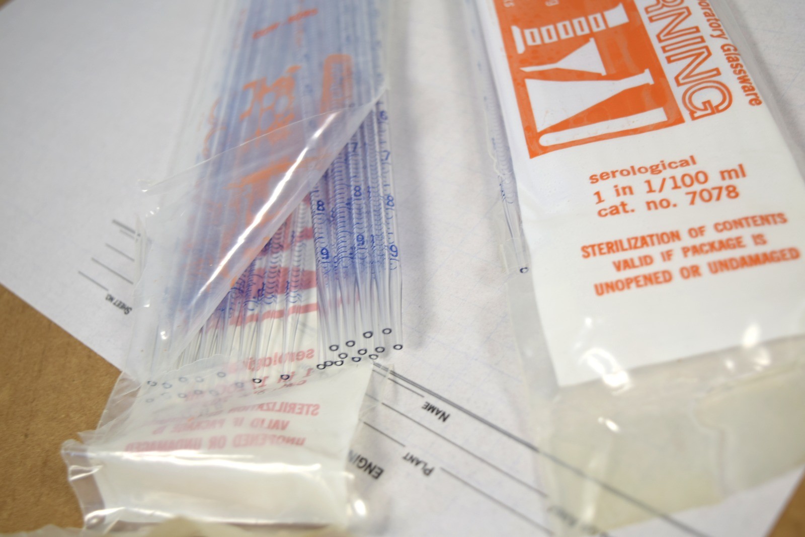Vintage Corning 7078 Glass Serological Pipets 1mL in 1/100 - 50 pcs, 2 Bags