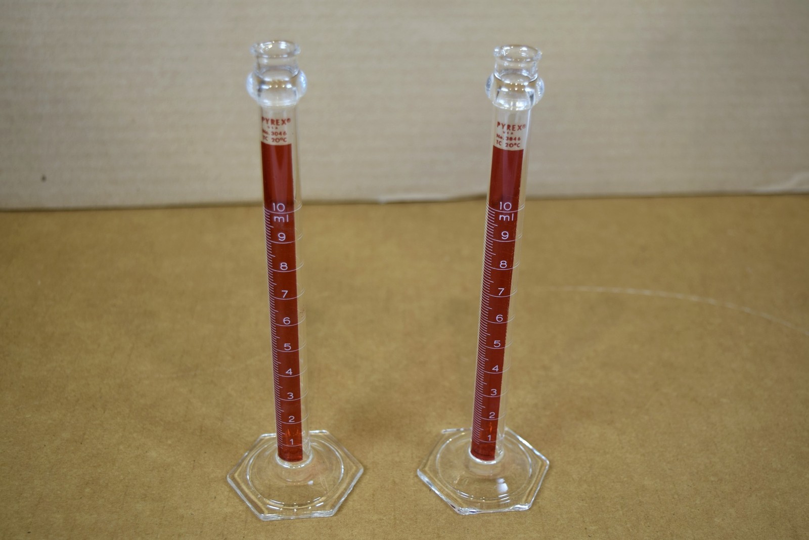 Vintage Corning Pyrex 3046 Graduated Cylinder 10mL Lifetime Red Spout SET OF 2